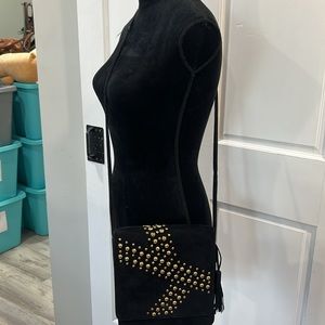 Vintage suede J.Renee gold studded Crossbody w/tassel and high heel accent